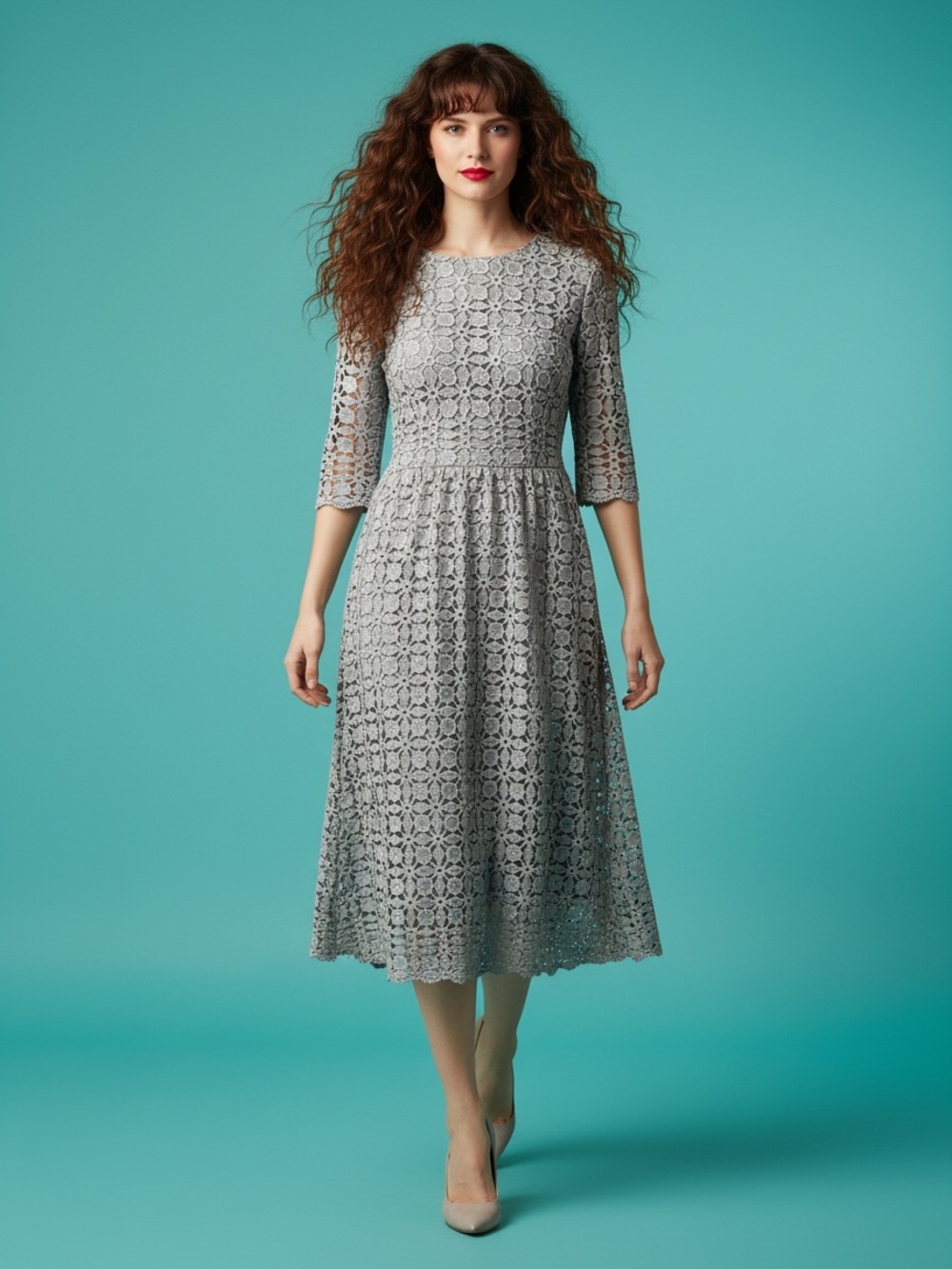 Polagram Gray Floral Lace Midi Dress Size L